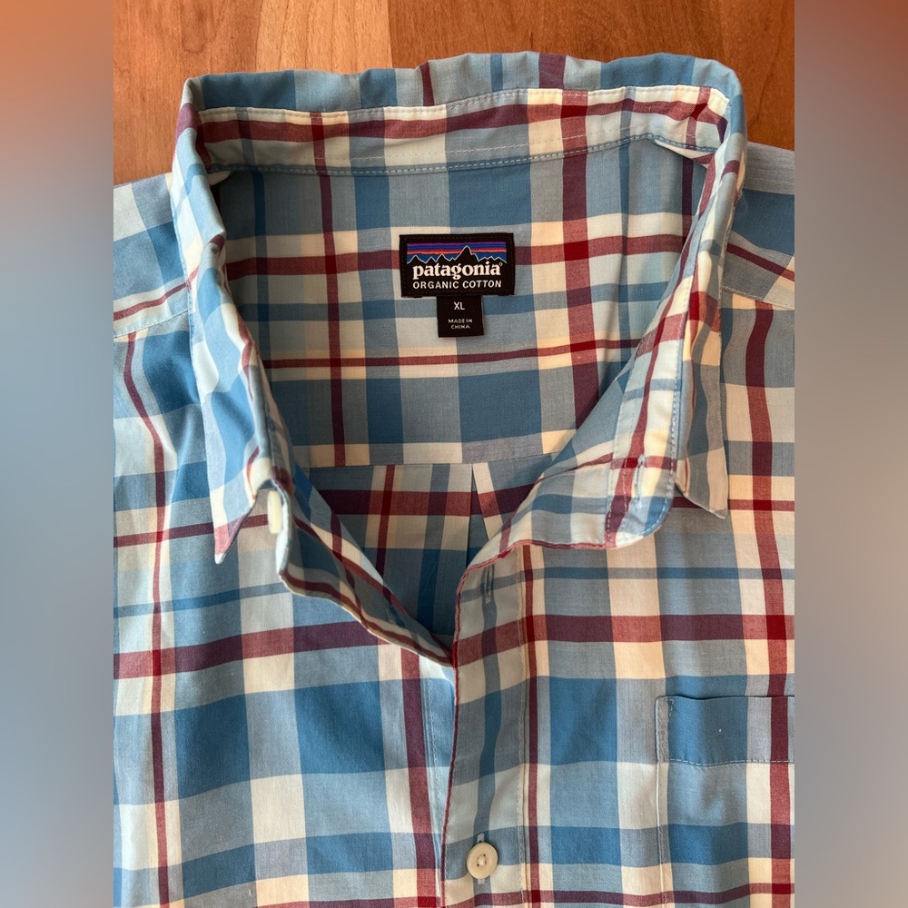 Patagonia Men’s Plaid Button-Down Shirt - Light Blue, Red & White